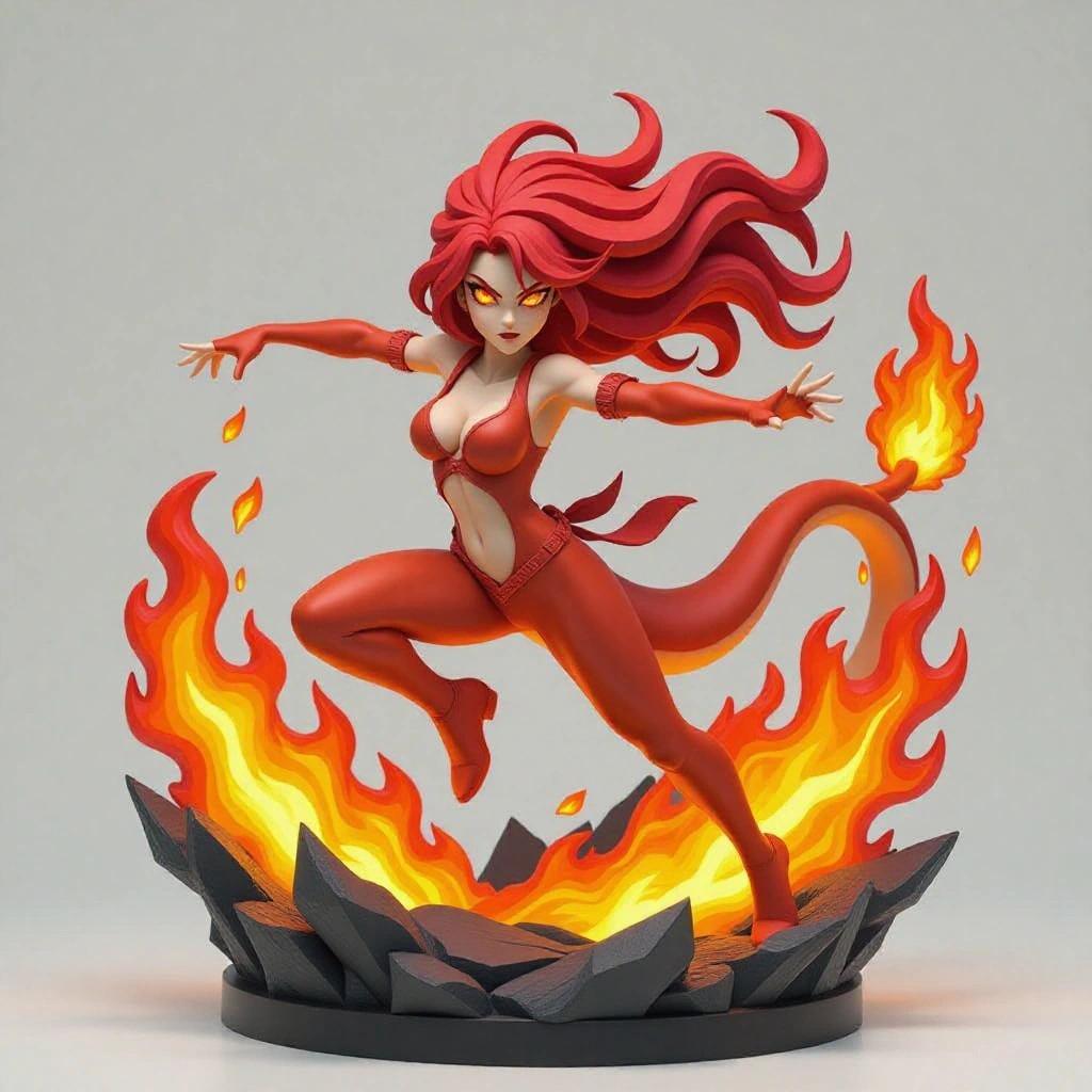 Ultra-detailed stylized female figure inspired by Charizard as a 3D resin sculpture. The girl jumps in attack pose with a flame from her hand. Long wild hair moves like fire. Fierce expression with horns and fangs. Wears dragon scale armor in burnt colors. Wings and tail sculpted with flames. Set on a volcanic rock base with smoke.