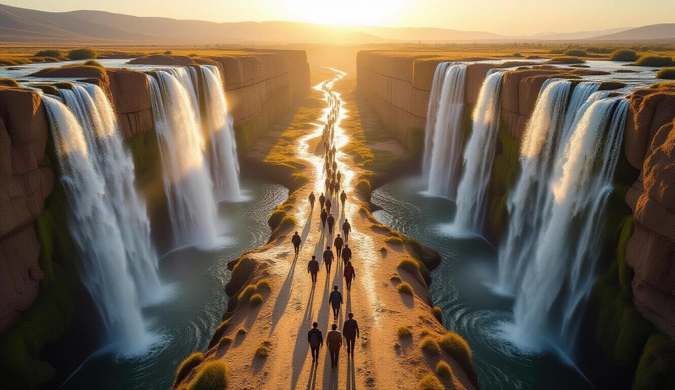 Aerial view showcases a dry path between towering water walls. Figures representing Hebrews cross the area. Very tall water columns flank both sides of the path. Soft natural light from the late afternoon enhances the scene. The image features a vertical format with depth of field creating a hyper-realistic effect.