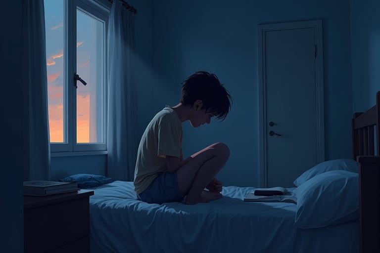Illustration of a young adult sitting on the bed. Bedroom lights dim. Posture shows distress. Warm light comes from the window. Personal items like textbooks and phone are near. Color palette includes cool blues and grays with warm glow.