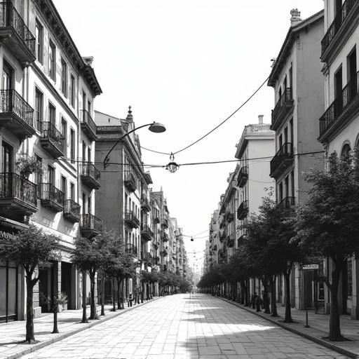 Sketch style graphite drawing depicting a city center with streets lined by buildings and trees