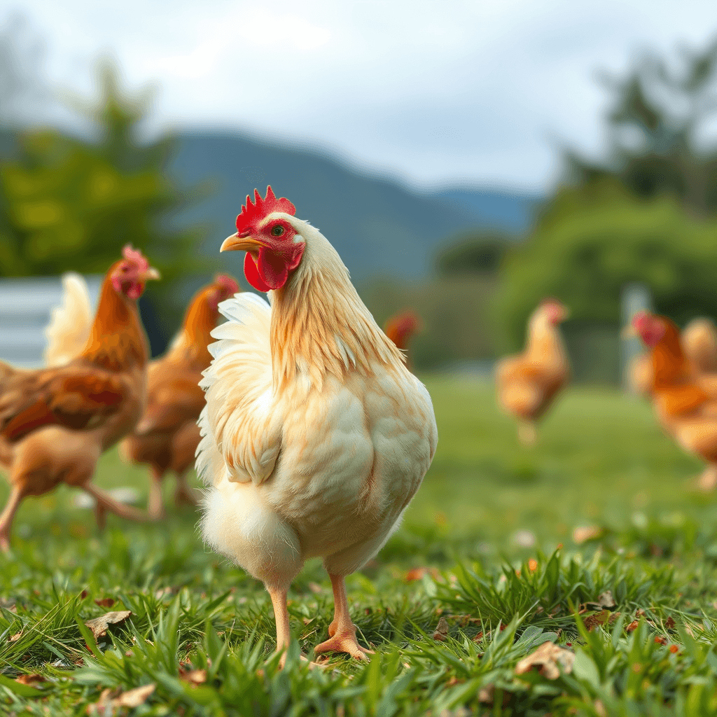 A proud rooster stands in a vibrant green field with a blurred background of other chickens and distant hills.