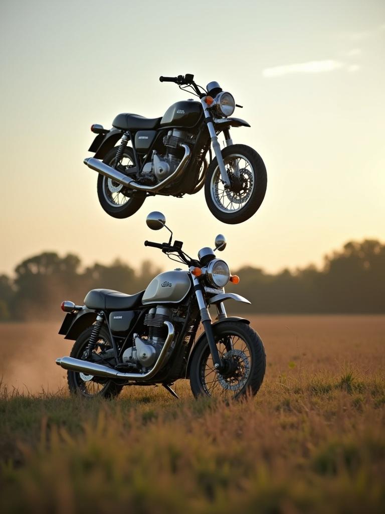 A classic motorcycle is placed in a field during golden hour. A carburettor hovers above the motorcycle. The scene is serene with a soft glow of sunset in the background.