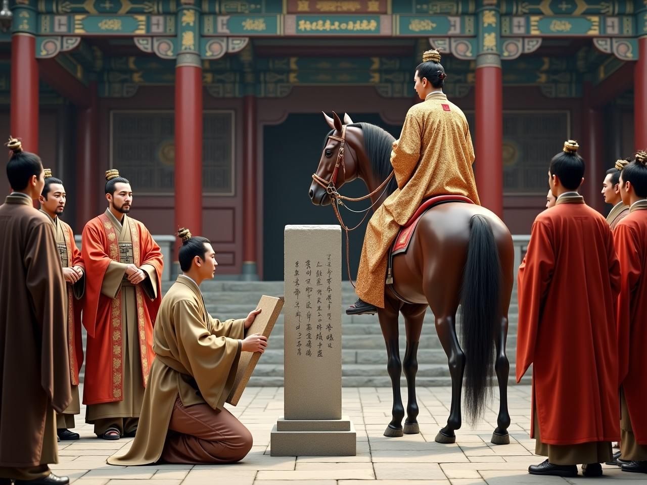 Generate a hyper-realistic photo capturing a pivotal moment in ancient Chinese history. Zhang Qian kneels, holding a short bamboo board, wearing a humble yet dignified robe in earthy tones, bidding farewell to Emperor Wu of Han, who sits atop a majestic horse. Zhang Qian showcases a neatly groomed scholar’s beard, symbolizing his status and wisdom. Nearby, attendants in muted red and deep brown Han dynasty robes stand respectfully, reflecting their modest status and rugged journey. The emperor, exuding authority with sharp features and almond-shaped eyes, dons a luxurious golden robe adorned with dragon embroidery, with a tall ceremonial crown atop his head. Surrounding him, attendants in vibrant red and gold robes maintain a calm demeanor, reinforcing the scene's regal atmosphere. In the center, a stone stele with inscriptions adds historical depth, while the background reveals a grand palace with intricate wooden pillars and tiled roofs.