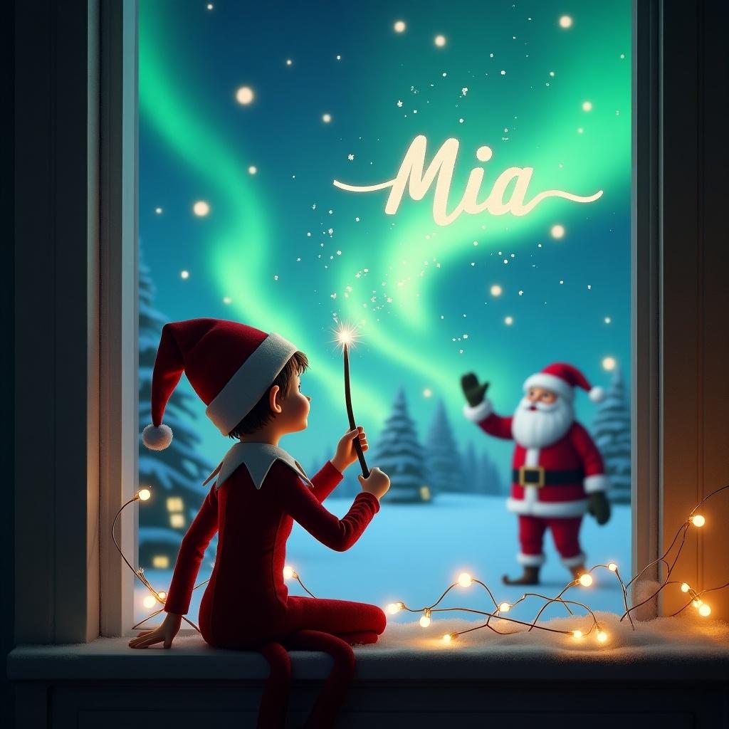 An elf on the shelf sits with his back to us, looking out of a window. He is facing the sky where he uses a wand to write 'Mia' in beautiful script. The background features a stunning magical Christmas scene with vibrant northern lights illuminating the night sky. In the distance, Santa Claus waves cheerfully, adding to the festive atmosphere. Twinkling fairy lights are strung around the window, enhancing the warm, cozy feel of the room. This enchanting image captures the spirit of Christmas and the magic of childhood dreams.