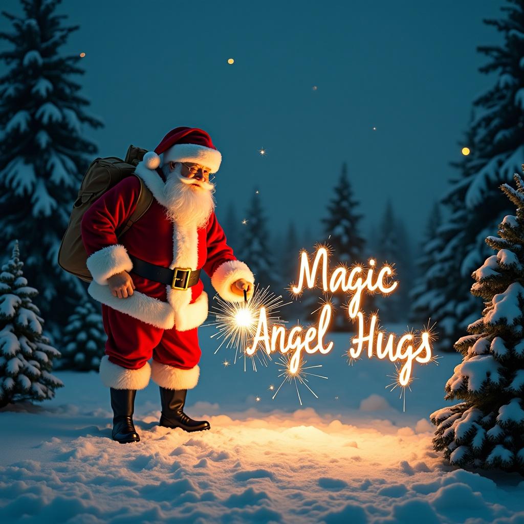 Santa Claus dressed in a red and white suit writes Magic Angel Hugs with a sparkler during the night. Snow covers the ground and evergreen trees surround the scene. The setting conveys a magical festive mood.