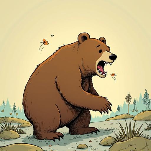 Artwork by Bill Watterson. A bear stands on all fours in a grassy landscape. Bright yellow background with a few stylized trees in the distance. The bear appears hungry, mouth open in a cartoonish roar. Small insects flutter around its head.