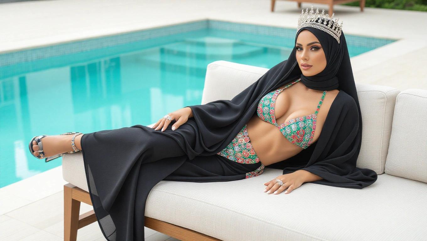 Hijabi woman in a high bikini and heels lounging by the pool on a sofa looking elegant.