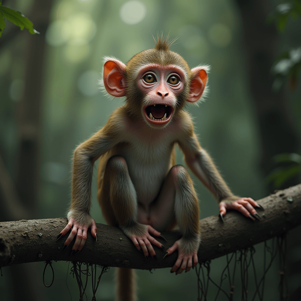 A baby monkey perches on a branch in a lush, green forest, looking playfully alert.