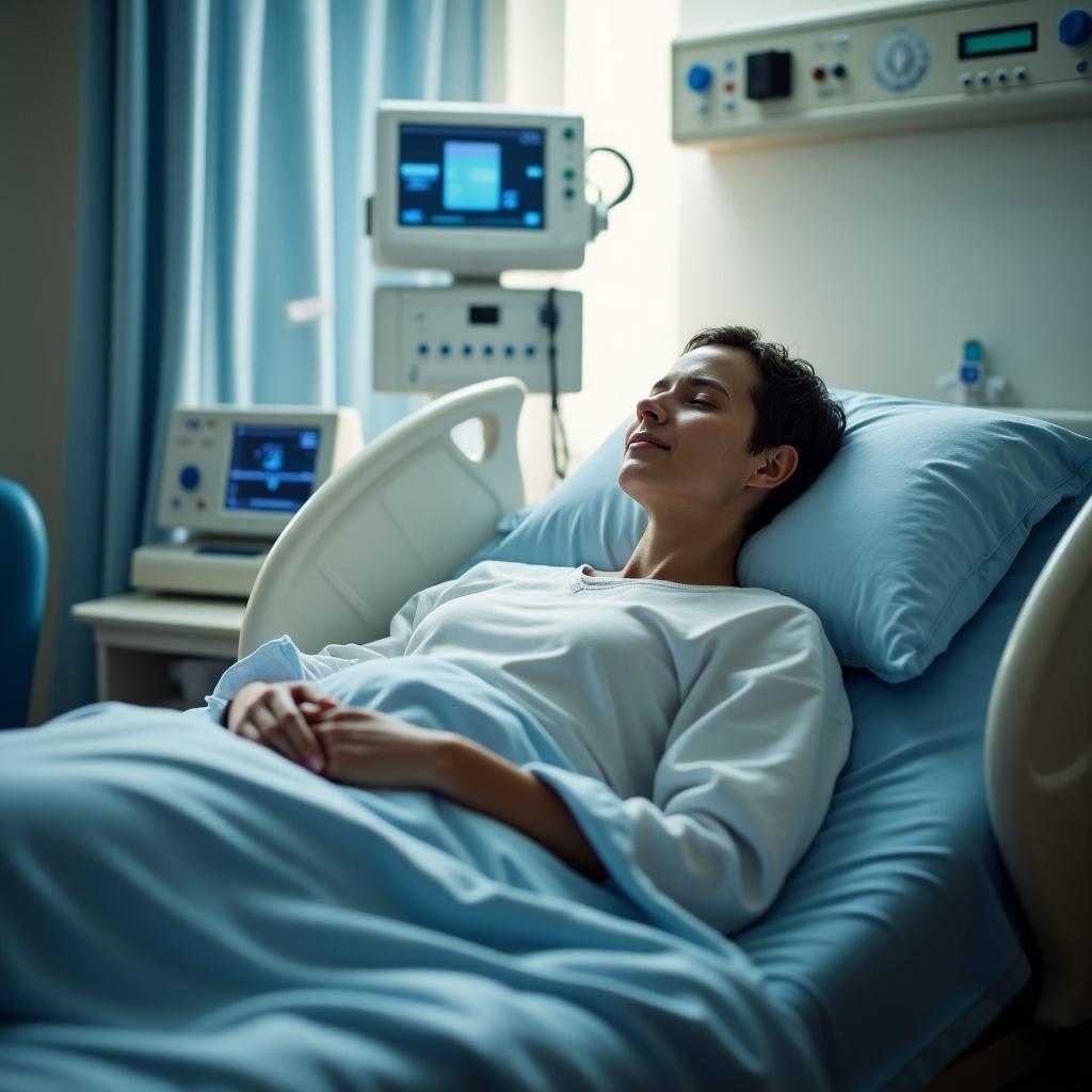 The image shows a patient resting peacefully in a hospital bed. She is surrounded by medical equipment, indicating a healthcare environment. The light filtering through the curtains contributes to a calm atmosphere. The patient appears relaxed, with her eyes closed. The room is painted in soothing colors, enhancing the sense of tranquility.