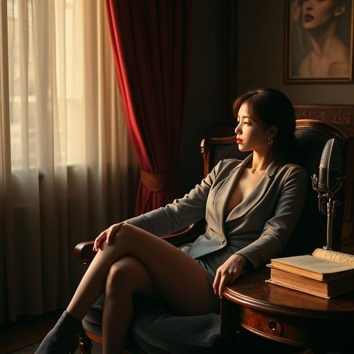 Korean woman in a sleek blouse lounges in a dimly lit study. Opulently furnished with warm golden light. Tailored grey suit subtly reveals curves. Reclines against a velvet chair. Traces edge of a vintage microphone on a table. Leather-bound journals nearby with explicit sketches. Gaze on a portrait of a mysterious woman. Room filled with intimate energy.