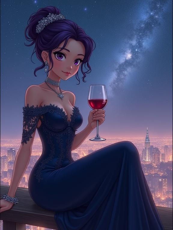 A semi-anime woman with updo violet hair and ornate silver hairpin. Fair skin with large expressive eyes and a soft gaze. She wears an elegant dark navy blue off-the-shoulder dress with silver lace detailing. Seated on a wooden ledge holding a glass of red wine. The background shows a starlit night sky with a vibrant Milky Way and glowing cityscape.