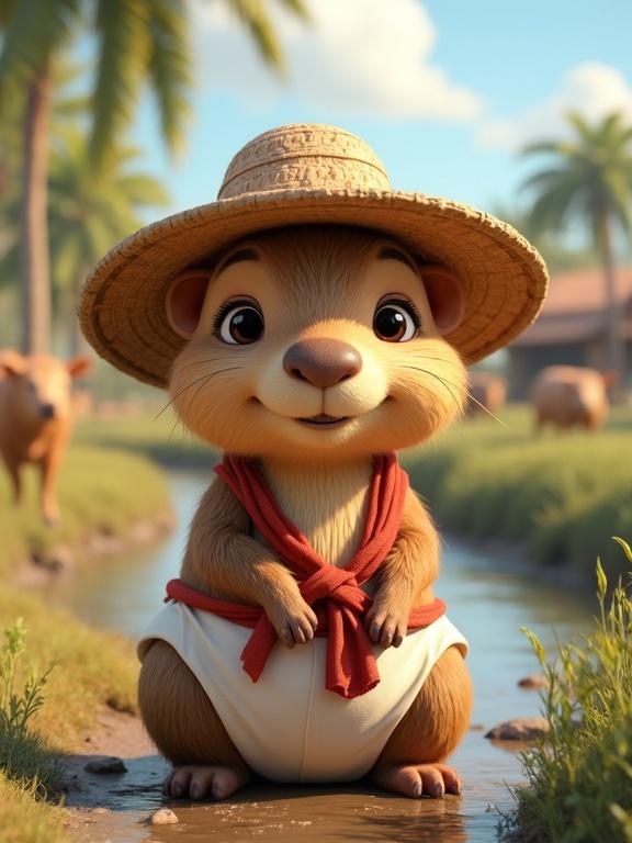 A baby capybara sits peacefully near a riverbank in the Venezuelan Llanos. It features round shapes, large eyes, and soft brown fur. Dressed in traditional white pants and a red sash with a straw hat, it exudes warmth and charm. The scene unfolds in a sunlit rural setting with palm trees and cows in the distance, capturing a heartwarming atmosphere.