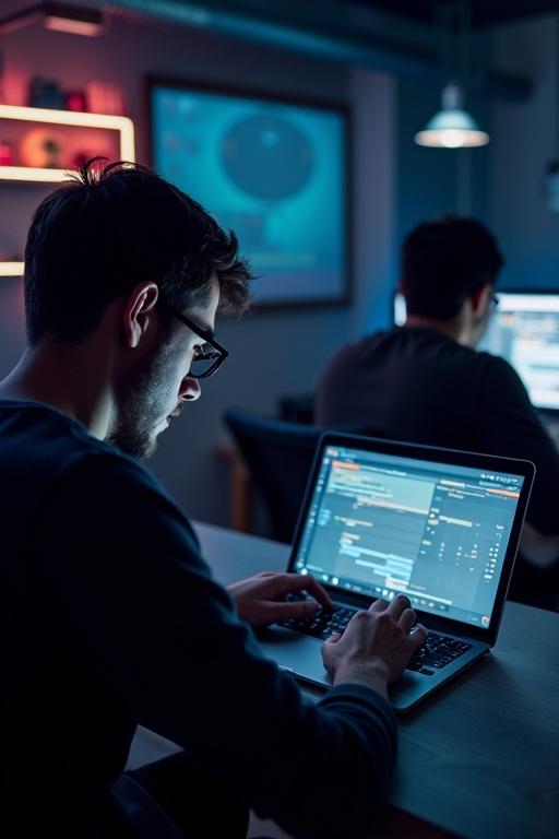 Two programmers work on laptops in a dimly-lit tech-oriented room. Both individuals focus on their screens. The environment features an upbeat tech atmosphere with soft illuminated highlights.