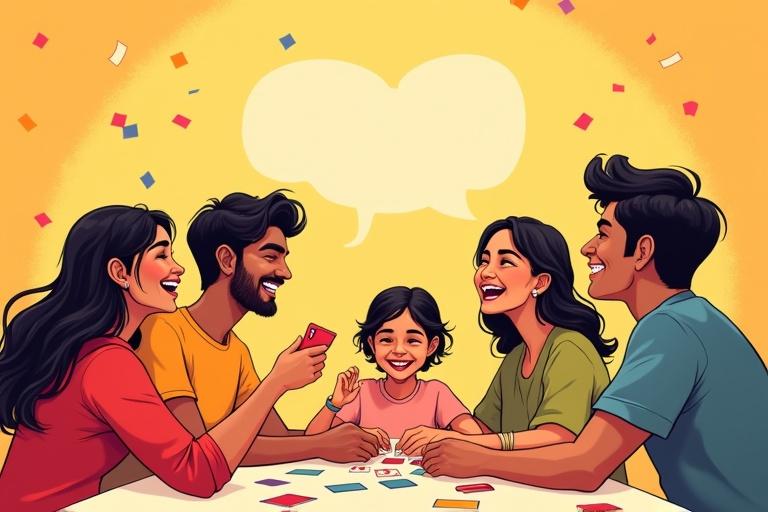 Cartoon illustration of a joyful Indian family gathered around a table filled with colorful cards. Bright colors like red and yellow dominate the scene. Confetti floats in the air with speech bubbles. Emphasize happiness and engagement in family activities.