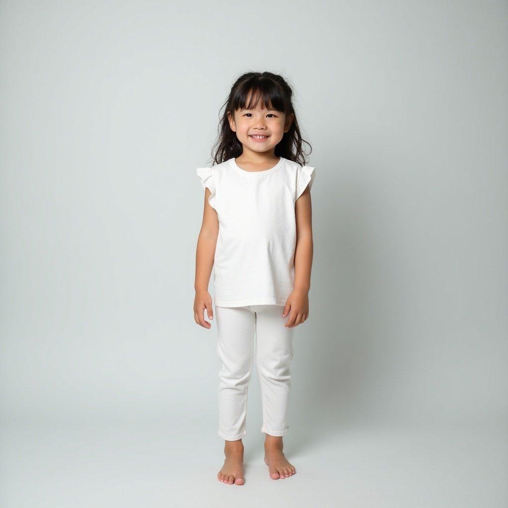 Image features a young girl standing barefoot against light gray background. The girl wears white outfit. Natural smile conveys playfulness. Soft and even lighting enhances calm atmosphere. Confident and relaxed pose showcases innocence. Minimalistic style focuses on the subject.