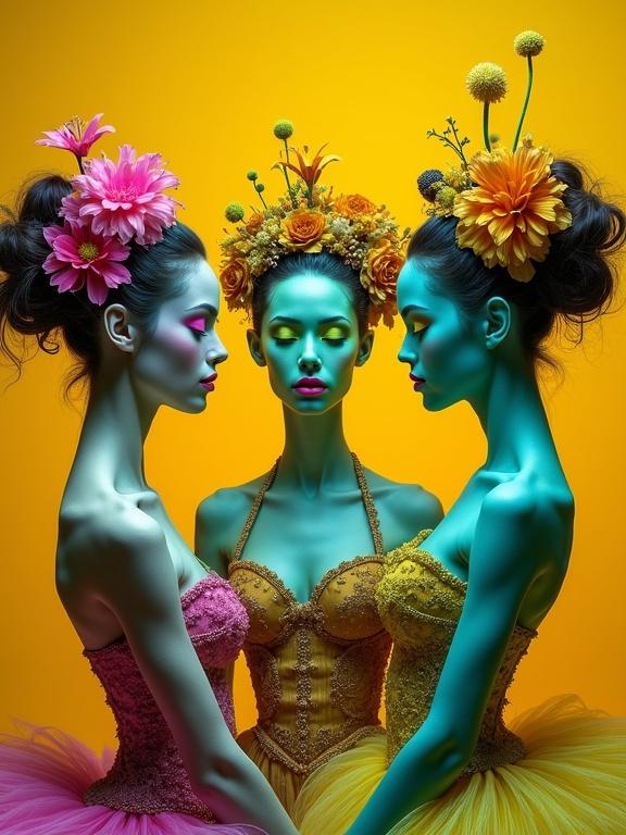 Surreal portrait of three ballerinas. They wear eccentric attire in shades of green, magenta, yellow, and blue. The details are intricate and hyperdetailed. The background is contrasting yellow ocher and burnt sienna.