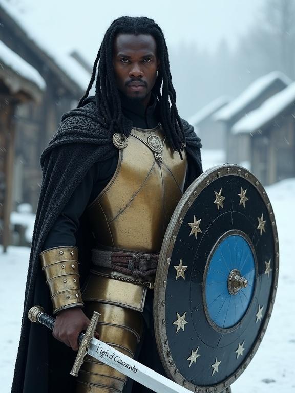 Photorealistic image of an athletic man in brass plate armor with a black silk cloak. He has long black dreadlocks and dark skin. The man stands confidently in a snowy medieval village, holding a large shield with a blue circle on a black field surrounded by white stars. A shining silver sword with 