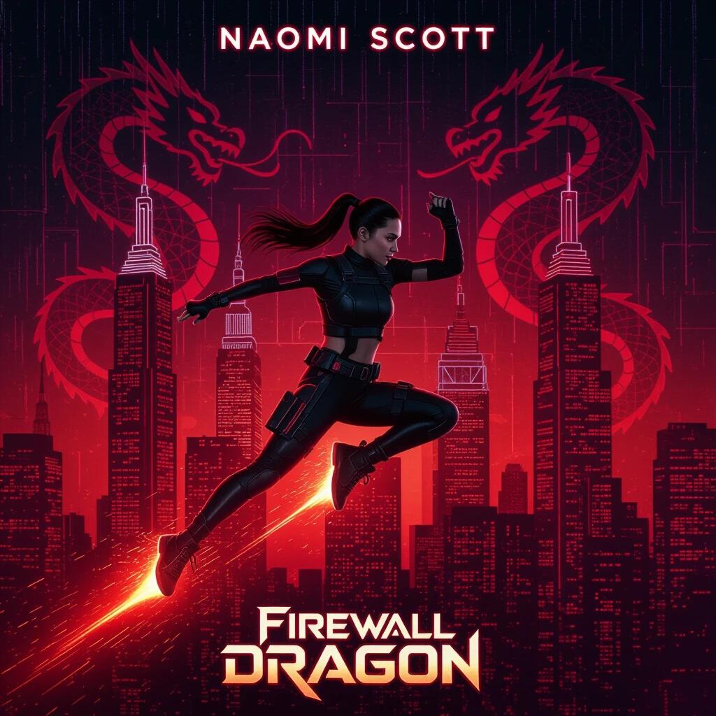 Naomi Scott in black tech-gear leaping between glowing data towers with digital dragons swirling in the background. Flame silhouettes surround her body. Tech rain effects and sparks trail her movements. Futuristic skyline blends digital elements with flame.