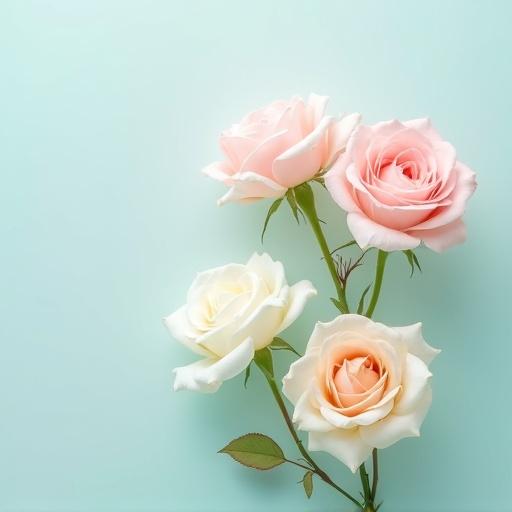 Arrangement of light pink and white roses on a light aqua background. Brightly lit environment. No dark shadows present.