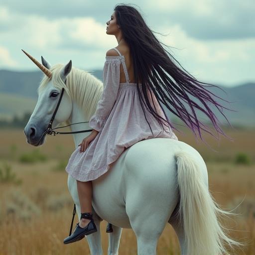Full body photo of a girl with fair skin and long black and purple dreads. She rides a unicorn backwards, facing its tail. The unicorn appears gentle. The girl looks at the viewer. They are in a field. The atmosphere is cinematic and whimsical.