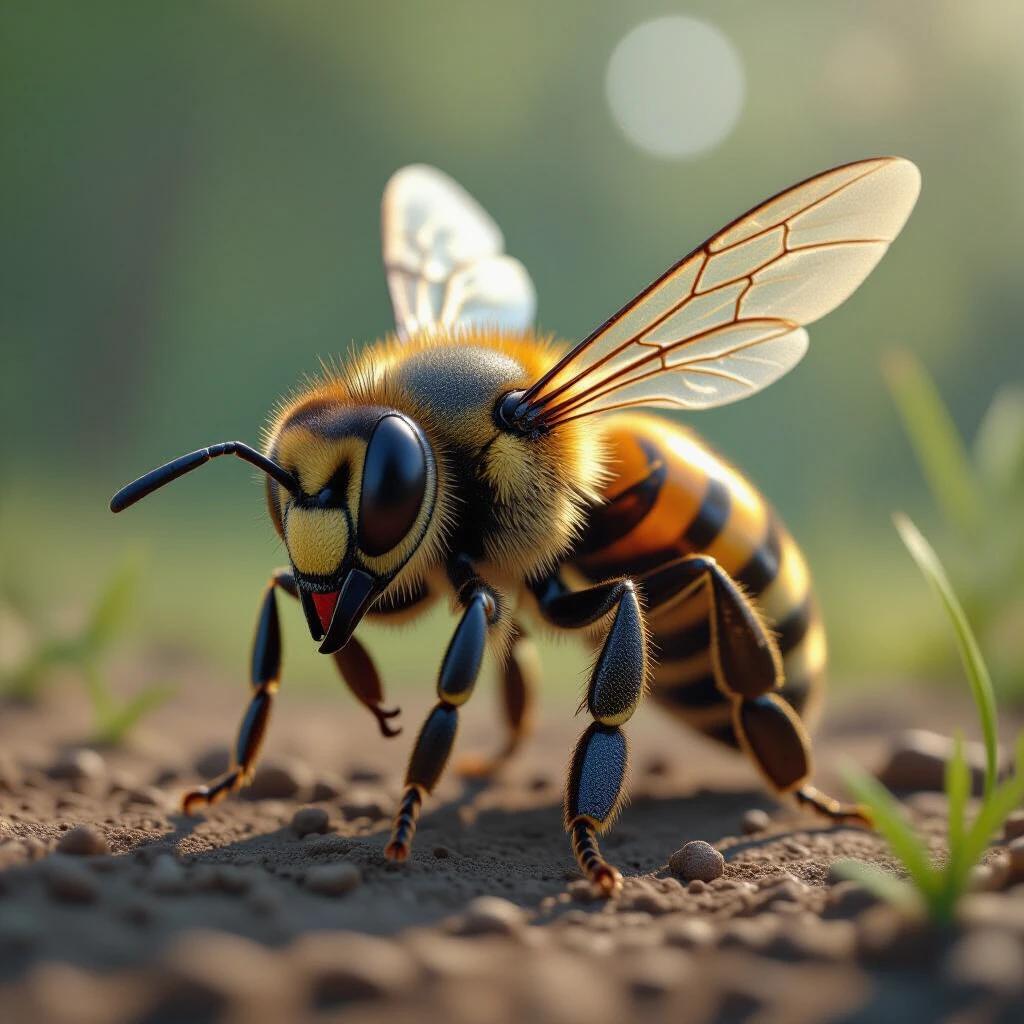 Detailed depiction of Apis amalthea. Hyper-realistic representation in cinematic scenes. High-resolution 8K quality. Focus on natural environment.