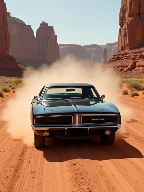 A black 1969 Dodge Charger R/T driving through a dusty desert road with towering red sandstone cliffs in the background. The muscle car is in motion, kicking up dust. The landscape is sunlit and evokes a sense of speed. The front grille and chrome details shine in the light. The textures of the rocks and sandy ground are detailed.