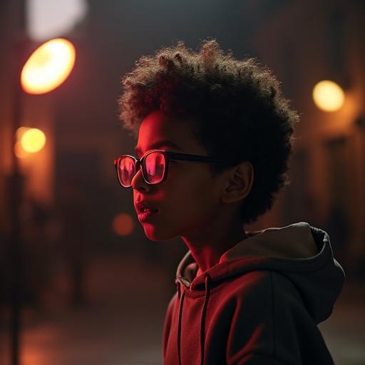 A young darkskin 10 year old with curly hair and glasses observing a dimly lit film studio. Warm lights glow around the film set creating an inviting atmosphere. The boy appears curious and engaged with his surroundings.