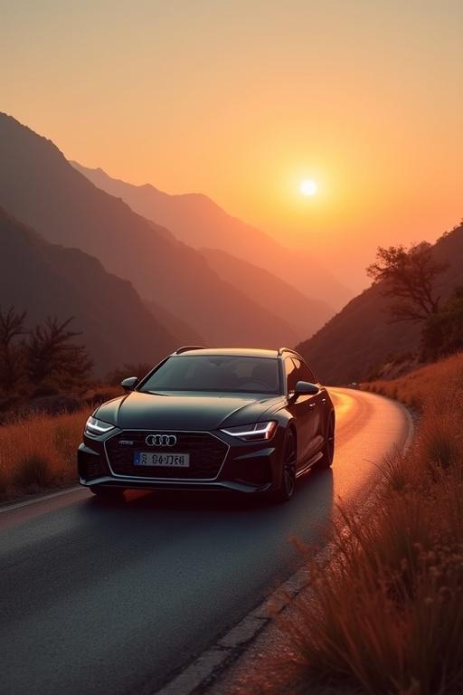 Audi RS6 Avant drives down a valley during a sunset with mountains in the background.