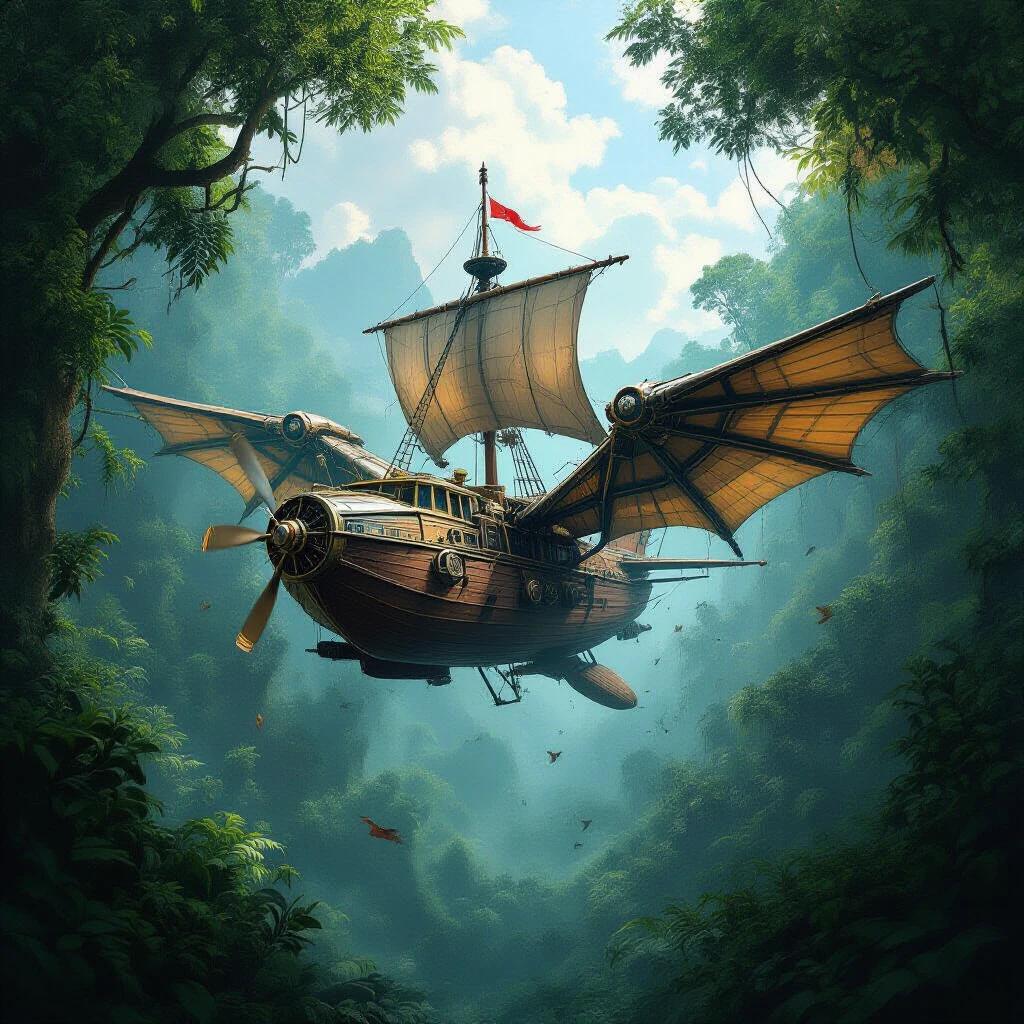 A flying ship with mechanical wings traverses through the dense jungle greenery. The ship is adorned with sails and a flag and is soaring above the tree line. Sunlight breaks through the leaves creating a vibrant atmosphere.