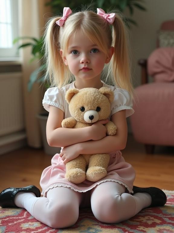 Young girl with blonde twin tails in pink bows wears white crop top and pink skirt. Sits on rug in cozy room holding teddy bear. Looks unsure of the camera.