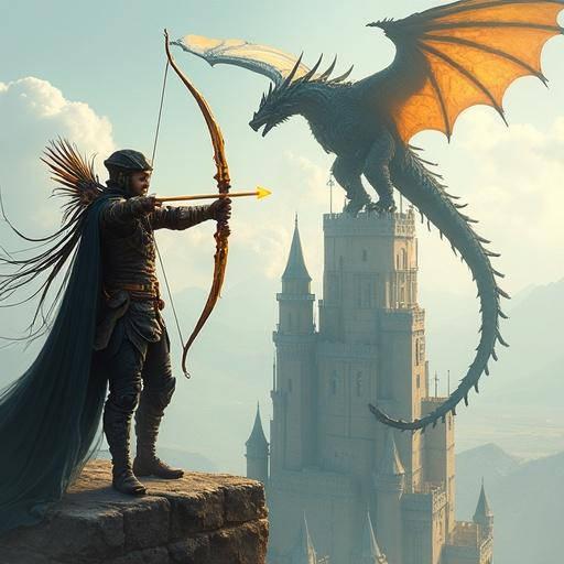 Futuristic fantasy concept with a cyberpunk elven archer aiming at a dragon from a castle tower. The archer holds a golden longbow and fires a magic arrow. The scene depicts a magical atmosphere in a fantasy setting.