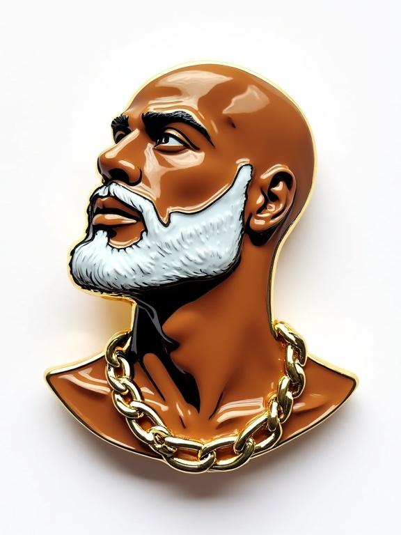 Close-up shot of enamel pin depicting a stylized male figure from chest up. Bald individual with salt and pepper beard looking upward. Warm brown skin tones with white highlights and darker outlines. Encased in gold border. Gold chains around neck. Clean white background.