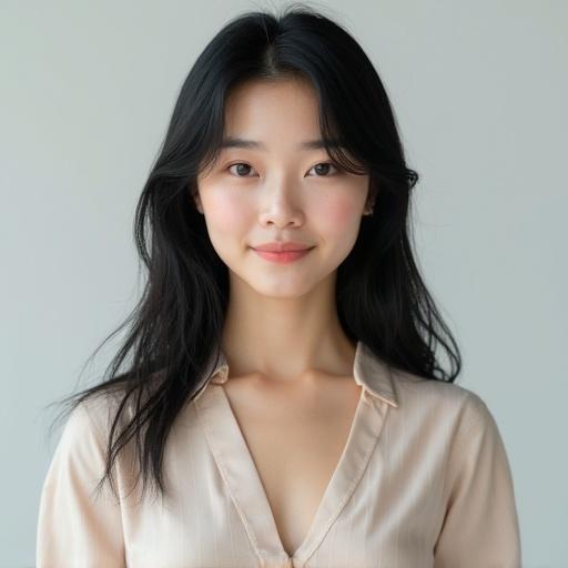 Portrait of a young woman wearing a light shirt. She has shoulder-length straight black hair. Calm expression with subtle Japanese features. High-resolution detail with soft natural lighting. Simple neutral background. Front-facing full body.