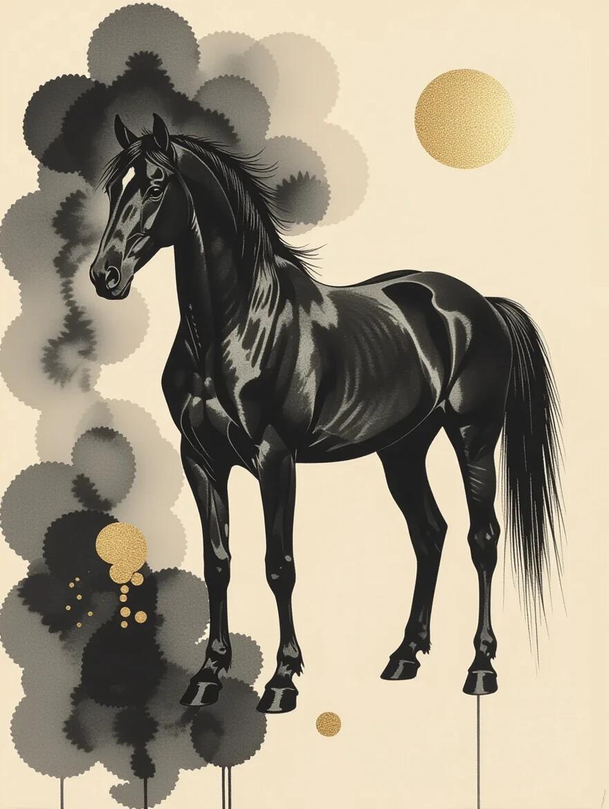 A minimalist black and white artwork featuring a majestic horse. The horse is illustrated on weathered parchment paper with ink wash technique. The background has a mix of shadowy organic shapes and hints of gold. The overall style is conceptual and elegant, combining elements of fine art and modern aesthetics.