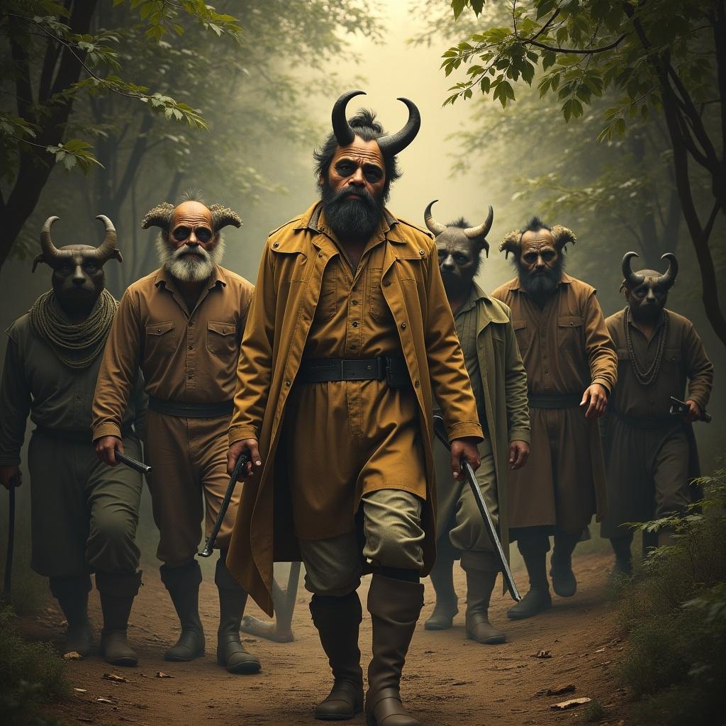 Image depicts a group of mysterious figures in a foggy forest. They wear unique outfits and carry weapons. A sense of intrigue surrounds their presence. The atmosphere is thick with suspense.