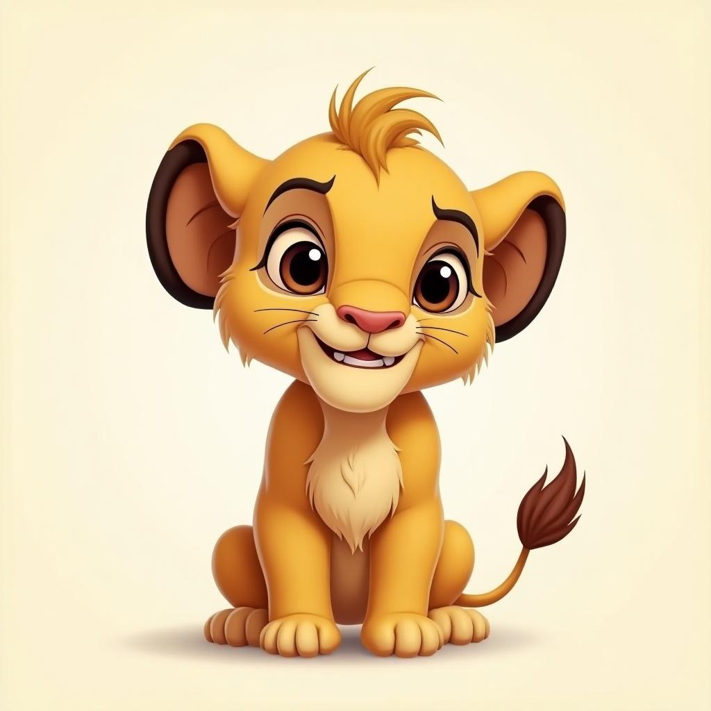 Draw a cartoon lion cub named Tobias with light brown fur. He has human-like skinny legs and arms. The character has a friendly expression, large eyes, and a tuft of hair. The design is in the style of Disney's The Lion King, emphasizing a cute and playful appearance.