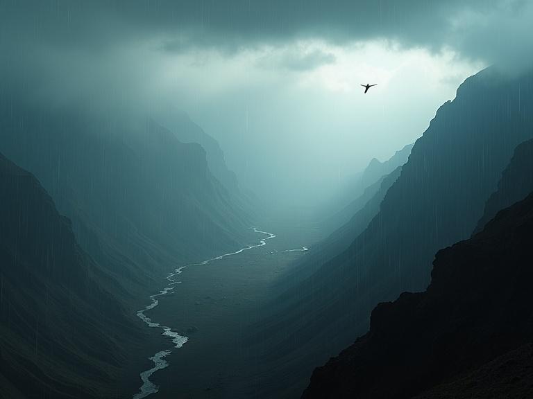 An extreme long shot captures a vast landscape of volcanic mountains showing activity under a drizzling sky. A small subject flies through the air, emphasizing its scale. The scene has cinematic lighting, strong contrasts, and visible light rays in the rain and haze. The mood is energetic and dynamic, aiming for photorealistic accuracy in 8K resolution.
