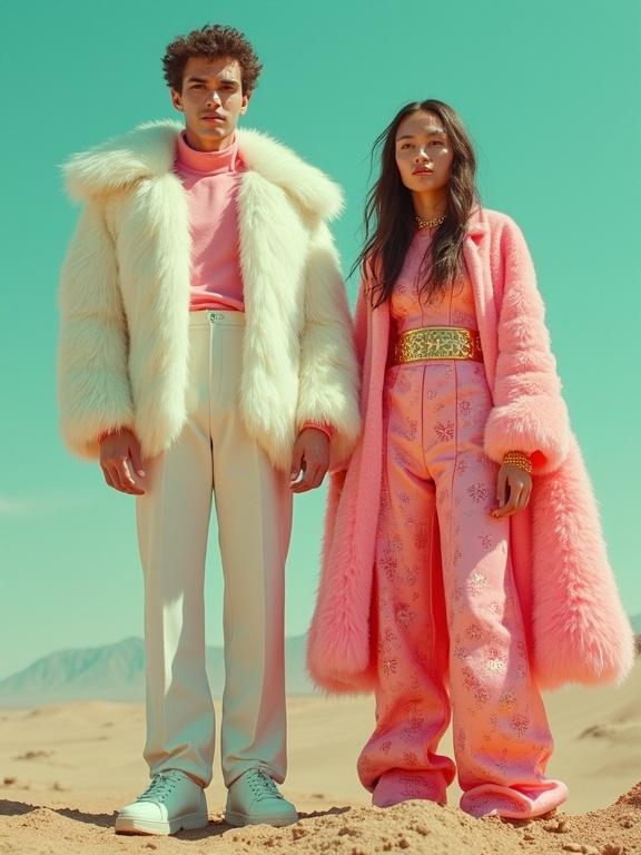 Full body photography of a man and woman in surreal fashion outfits. They wear oversized furry coats and colorful outfits. Scene set in a warm desert landscape. The lighting gives a soft glow. The colors are turquoise, pink, and gold. A dreamlike composition.