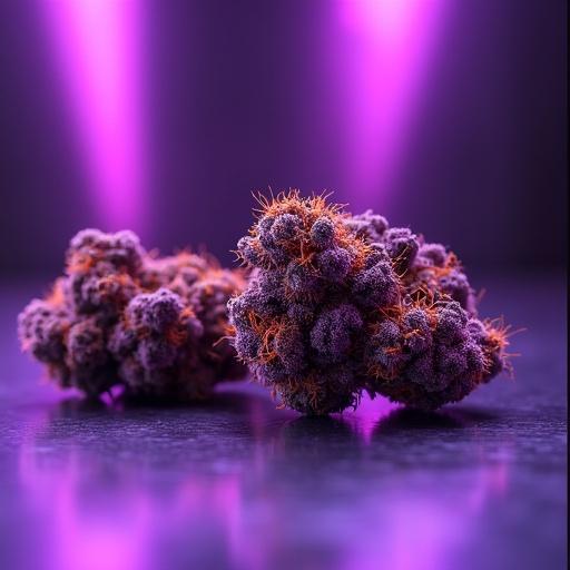 A photo-realistic advertising backdrop featuring two cannabis nugs on a finely brushed metallic surface. Nugs are dense and deep purple with fiery orange pistils. There is a clear area on the surface for a cannabis flower mylar bag. The scene is illuminated by soft lighting from the top-right with a subtle purple light in the background.