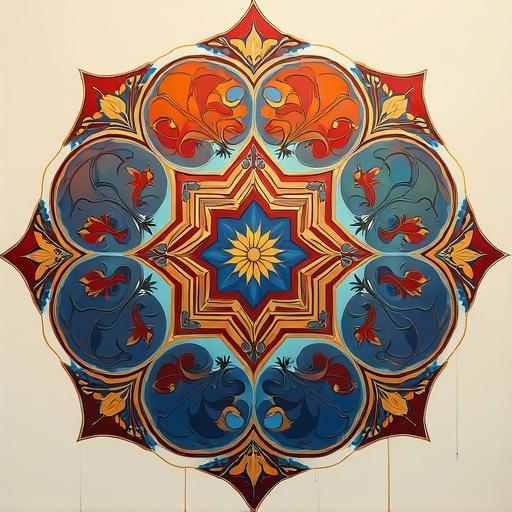 An abstract design inspired by Victor art celebrating the New Islamic Year. The artwork features an intricate circular pattern with a golden star at the center, adorned with flowing motifs and vibrant colors. A beautiful representation of cultural artistry. The design showcases symmetry and vivid hues creating a festive atmosphere.