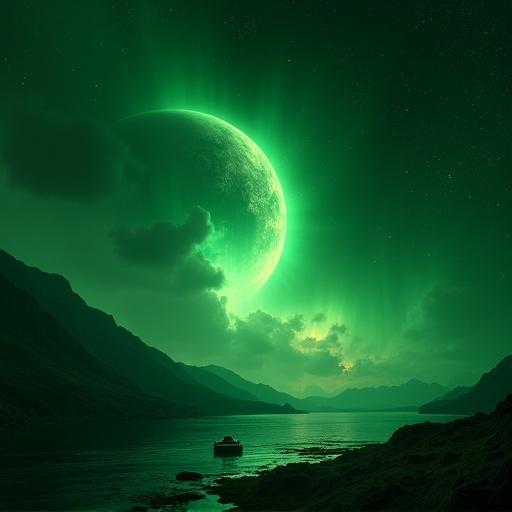A spaceship departs from a green planet. Ethereal light fades into starry void. Bittersweet atmosphere in cosmic landscape. Textured with stars and silence.