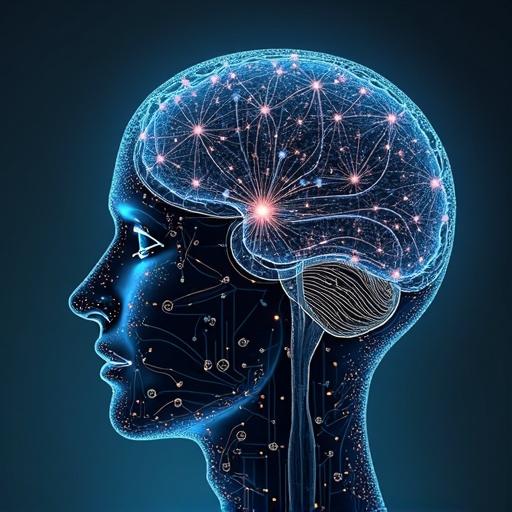 Profile view of a human head with an illuminated brain. Digital representation of neural connections. Focus on technology and neuroscience.