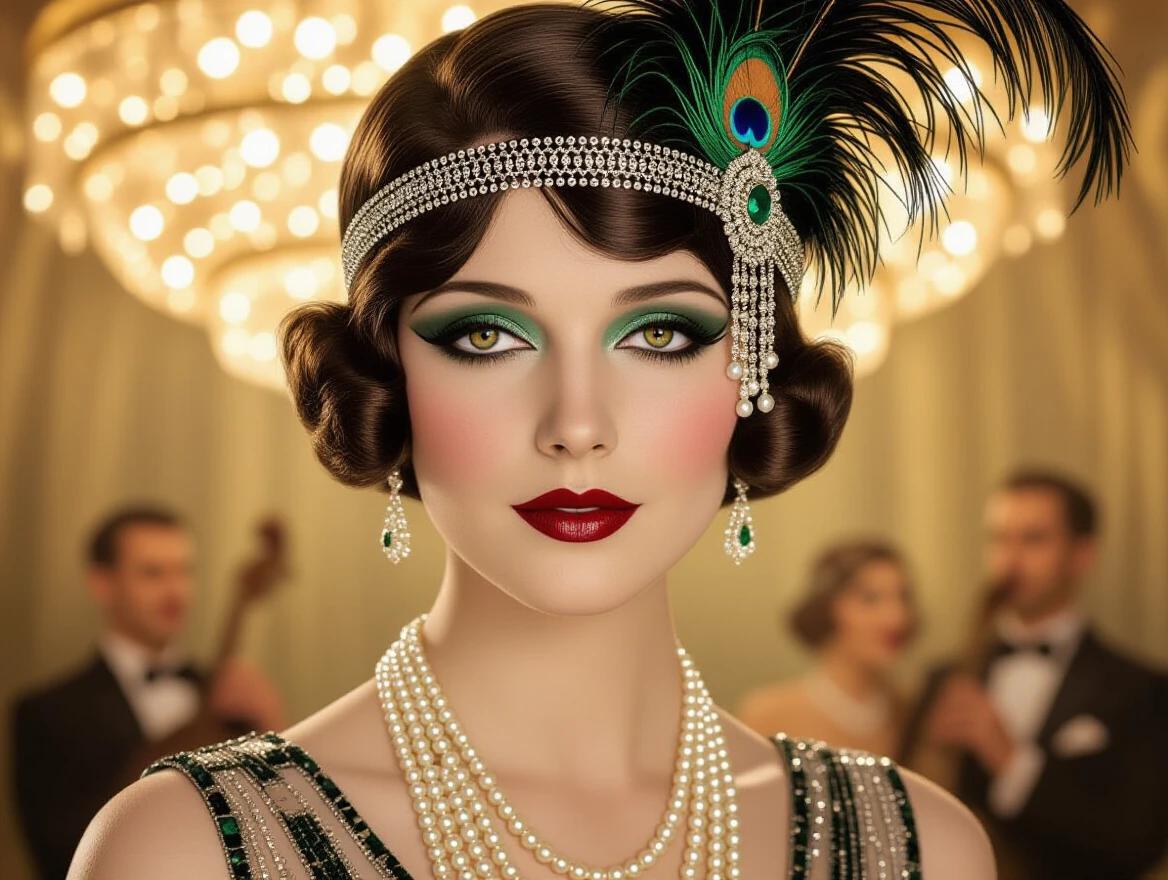 Glamorous close-up portrait of a 1920s flapper under golden light. Face embodies sharp geometry and soft elegance. Deep claret lipstick in cupid's bow shape. Smoky kohl lined eyes with a beauty mark near her dimple. Platinum bob tucked under an ostrich feather headdress in emerald and onyx. Layers of pearl necklaces over a sparkling fringed sequin dress. Softly blurred background with jazz band silhouettes. Use gemstone colors like jade, burgundy, and silver. Soft-focus on the face. Motion blur in the background. Slight vignette and hand-tinted vintage effect.