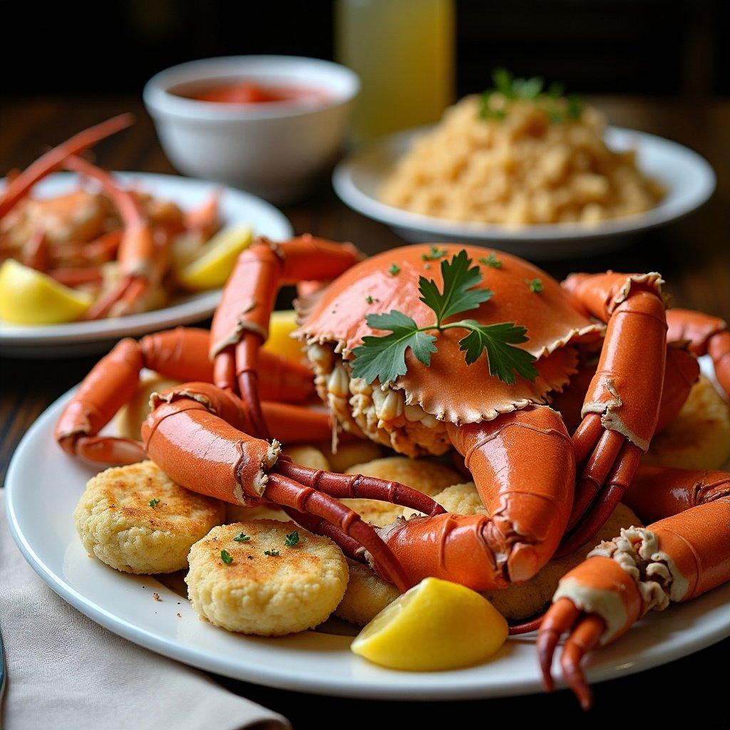 An arrangement of seafood featuring a large crab alongside golden biscuits and lemon slices. A bowl of sauce and rice are present in the background, creating a wholesome dining scene.