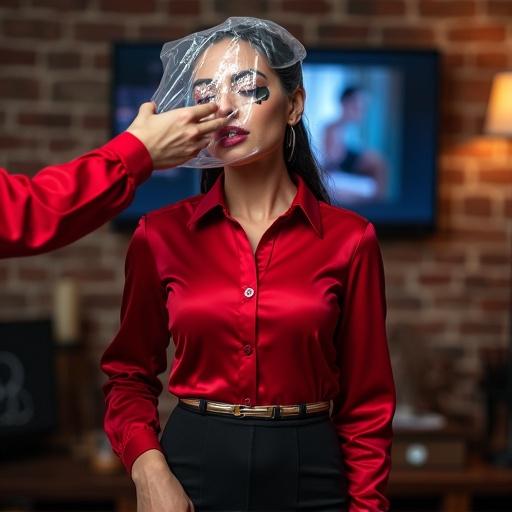 Photograph of a dramatic scene involving a woman. A TV presenter places a plastic bag over her head. She has adhesive tape on her hands and lips. She wears a red silk satin shirt with black latex leggings. The background shows audience reactions. The setting conveys a television show atmosphere.