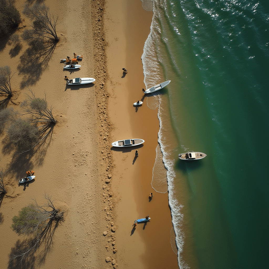 Aerial view of a sandy beach with people and boats near the shoreline.