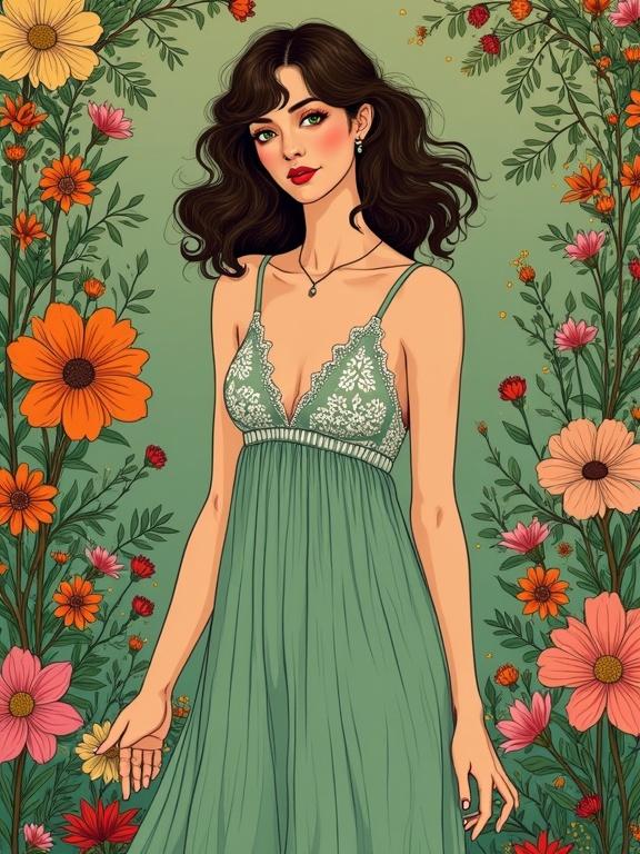 Illustration of a woman standing in a flower garden. She wears a flowing seaweed green dress with white lace. She has dark brown wavy hair and rich green eyes. The background features vibrant flowers and foliage. Light is soft and warm. The style is reminiscent of Mucha and Beardsley. The woman's posture is graceful with striking hands.