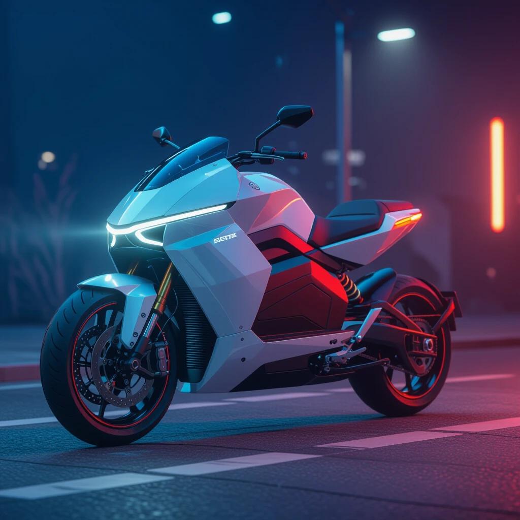 Futuristic electric motorcycle displayed in a moody neon-lit urban environment.