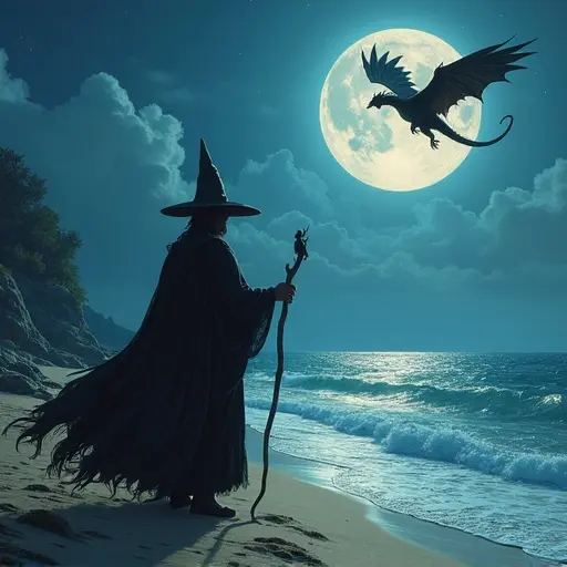 Fantasy scene depicts a wizard standing on a moonlit beach. Wizard wears a robe and holds a staff. Dragons fly in the moonlit sky with a large moon. Ocean waves gently lap at the shore. Mystical atmosphere creates a magical feeling.