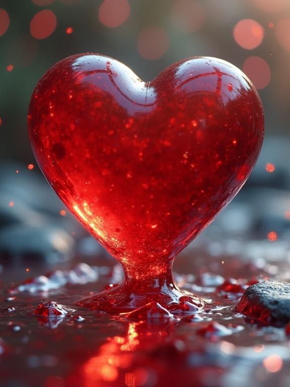 A realistic heart shaped object made from liquid appears to melt. The heart is translucent and has a glossy surface. Drops of water surround the heart during the melting process. A soft warm light creates a glowing effect. The background is blurred with bokeh lights.